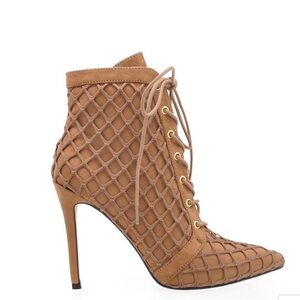 Lemon drop Volendam Tan Lace-Up High Heel Ankle Boots netting overlay.